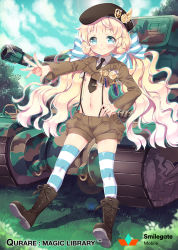 Rule 34 | 1girl, bad id, bad pixiv id, beret, black footwear, black necktie, blonde hair, blue eyes, blue legwear, blue sky, boots, bow, braid, brown shorts, cloud, company name, copyright name, cross-laced footwear, day, glint, grass, hair bow, hand on own hip, hat, lace-up boots, lens flare, long hair, looking at viewer, manle, medal, midriff, military, military vehicle, montgomery (qurare), motor vehicle, navel, necktie, outdoors, outstretched hand, shorts, sky, smile, striped bow, striped clothes, striped legwear, striped thighhighs, thighhighs, tree, white legwear