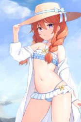 Rule 34 | 1girl, :o, bare shoulders, bikini, blue bikini, blue bow, blue sky, blush, bow, braid, breasts, brown hair, brown hat, cloud, collarbone, cowboy shot, day, flat chest, frilled bikini, frills, ginka (gink a), gluteal fold, hair between eyes, hair over shoulder, halterneck, hand on headwear, hand up, hat, hat bow, highres, jacket, layered bikini, long hair, long sleeves, looking at viewer, navel, off shoulder, open clothes, open jacket, outdoors, parted lips, princess connect!, purple eyes, red hair, sky, sleeves past wrists, small breasts, solo, stomach, sun hat, swimsuit, twin braids, twintails, underboob, white jacket, yuni (princess connect!)