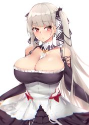 Rule 34 | 1girl, absurdly long hair, azur lane, black dress, blonde hair, blush, breasts, cleavage, collar, collarbone, corset, curtsey, dress, earrings, elbow gloves, fingerless gloves, formidable (azur lane), frills, gloves, hair ribbon, huge breasts, jewelry, kuavera, long hair, parted lips, red eyes, ribbon, solo, twintails, two-tone ribbon, very long hair, white background