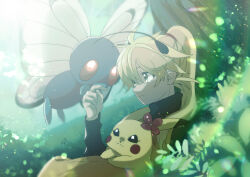 Rule 34 | 1girl, black shirt, blonde hair, blurry, butterfree, closed mouth, commentary request, creatures (company), day, game freak, gen 1 pokemon, hand up, long hair, long sleeves, marutoko45, nintendo, outdoors, pikachu, pokemon, pokemon (creature), pokemon adventures, ponytail, shirt, tree, turtleneck, yellow (pokemon), yellow eyes, yellow tunic
