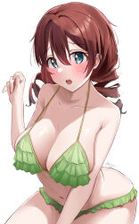 1girl absurdres artist_name bare_arms bare_shoulders bikini blue_eyes blush breasts brown_hair cleavage collarbone commentary_request cowboy_shot drill_hair emma_verde fingernails freckles frilled_bikini frills green_bikini hair_between_eyes halterneck hand_up highres large_breasts long_hair looking_at_viewer love_live! love_live!_nijigasaki_high_school_idol_club lowlight1010 navel open_mouth simple_background sitting solo stomach strap_gap swimsuit teeth twin_drills upper_teeth_only white_background