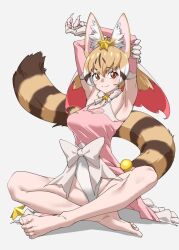 Rule 34 | 1girl, animal ears, animal hands, bare shoulders, barefoot, blonde hair, blush, bow, brown hair, crossed legs, elbow gloves, fur collar, gloves, hair ornament, highres, kemono friends, kemono friends v project, large-spotted genet (kemono friends), leotard, looking at viewer, multicolored hair, orange eyes, paw gloves, pink gloves, pink shirt, shirt, short hair, short twintails, sitting, smile, solo, star (symbol), star hair ornament, tail, tanabe (fueisei), twintails, virtual youtuber, white bow, white fur, white hair, white leotard