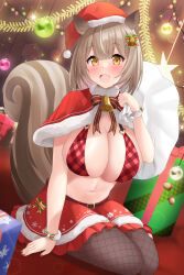 Rule 34 | 1girl, absurdres, acorn, animal ears, bell, belt, bikini, bikini top only, blush, bow, bowtie, box, breasts, brown belt, brown bow, brown bowtie, capelet, christmas lights, christmas ornaments, cleavage, elegant (sumisumi4268), fang, fishnet pantyhose, fishnets, frilled skirt, frills, fur-trimmed capelet, fur-trimmed skirt, fur trim, gift, gift box, green bow, hair bell, hair bow, hair ornament, hat, heart o-ring, highres, holding, holding sack, large breasts, multicolored bow, multicolored hair, navel, neck bell, o-ring, o-ring bikini, open mouth, original, pantyhose, plaid, plaid bikini, pom pom (clothes), red bow, red capelet, red hat, red nails, red skirt, sack, santa hat, skin fang, skirt, solo, squirrel ears, squirrel girl, squirrel tail, stomach, streaked hair, swimsuit, tail, tinsel, white hair, yellow eyes