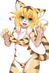 Rule 34 | 1girl, :3, :d, animal ear fluff, animal ears, animal hands, animal nose, animal print, bikini, black bikini, black fur, black hair, blonde hair, blush, breasts, claw pose, cleavage, colored eyebrows, cowboy shot, fang, furry, furry female, green eyes, hair between eyes, hair over shoulder, heart, highres, horokusa (korai), large breasts, looking at viewer, mia (world flipper), multicolored bikini, multicolored clothes, multicolored hair, navel, open mouth, orange bikini, orange fur, short hair, simple background, smile, solo, standing, string bikini, swimsuit, tail, tail raised, tail wagging, thick eyebrows, tiger ears, tiger girl, tiger print, tiger stripes, tiger tail, white background, white fur, white hair, world flipper