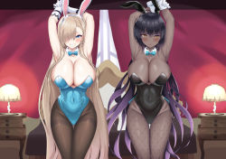 Rule 34 | 2girls, animal ears, aqua leotard, armpit crease, armpits, arms behind head, arms up, asuna (blue archive), asuna (bunny) (blue archive), bed, bedroom, black hair, black leotard, blue archive, blush, bow, bowtie, breasts, cleavage, covered navel, curtains, curvy, dark-skinned female, dark skin, detached collar, fake animal ears, fishnet legwear, fishnets, gloves, groin, hair between eyes, hair over one eye, hair over shoulder, high ponytail, highleg, highleg leotard, highres, huge breasts, karin (blue archive), karin (bunny) (blue archive), lamp, large breasts, leotard, long hair, mole, mole on breast, moni pai, multicolored hair, multiple girls, official alternate costume, open mouth, pantyhose, parted lips, playboy bunny, purple hair, revision, room, shiny clothes, shiny skin, side ponytail, stomach, strapless, strapless leotard, streaked hair, teeth, thigh gap, thighs, thong leotard, traditional bowtie, two-tone hair, very long hair, white gloves, wide hips, wrist cuffs
