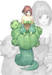 Rule 34 | 1girl, absurdres, bare shoulders, breasts, brown hair, cactus girl, chest tattoo, cleavage, full body, green eyes, green hair, highres, looking at viewer, medium breasts, monster girl, multicolored hair, open mouth, original, plant girl, shitoi (aqua1487), short hair, solo, streaked hair, tattoo, thorns, white background, zoom layer