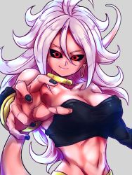 Rule 34 | 1girl, android 21, bandeau, bare shoulders, black nails, black sclera, black tube top, bracelet, breasts, cleavage, closed mouth, collarbone, colored sclera, colored skin, commentary request, curly hair, detached sleeves, dragon ball, dragon ball fighterz, earrings, flat color, grey background, hand up, hoop earrings, jewelry, kemachiku, long hair, looking at viewer, majin android 21, medium breasts, nail polish, navel, neck ring, palms, pink skin, red eyes, ring, smile, solo, strapless, tail, tube top, tube top, upper body, very long hair, white hair