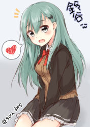 Rule 34 | 1girl, aqua eyes, black skirt, blush, breasts, brown jacket, brown sweater, gradient background, green hair, grey eyes, hair between eyes, hair ornament, hairclip, heart, jacket, kantai collection, long hair, looking at viewer, miniskirt, open mouth, skirt, small breasts, solo, sou (soutennkouchi), spoken heart, suzuya (kancolle), sweater