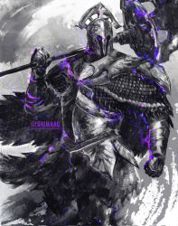 Rule 34 | 1boy, armor, breastplate, cape, chainmail, commentary, cowboy shot, dark souls (series), dark souls ii, english commentary, full armor, gauntlets, helmet, highres, holding, holding weapon, making-of available, male focus, over shoulder, pauldrons, polearm, purple theme, shimhaq, shoulder armor, solo, standing, velstadt the royal aegis, weapon, weapon over shoulder
