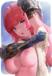 Rule 34 | 1girl, aos, arm up, armpits, blue eyes, blunt bangs, blush, breasts, commentary request, detached sleeves, gauntlets, gloves, hair intakes, highres, large breasts, long hair, looking at viewer, nipples, open mouth, original, pink hair, sky, solo, sweat, towel, upper body, wiping sweat