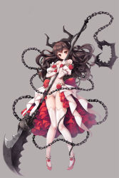 Rule 34 | 1girl, bare shoulders, blush, breasts, brown hair, chain, detached sleeves, elbow gloves, flower, frilled sleeves, frills, full body, gloves, hair between eyes, head tilt, high heels, highres, holding, holding weapon, horns, koflif, leotard, lips, long hair, looking at viewer, original, parted lips, polearm, red eyes, red flower, red footwear, red rose, rose, simple background, skull, small breasts, solo, thighhighs, weapon, white gloves, white leotard, white thighhighs
