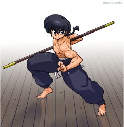 Rule 34 | 1boy, barefoot, feet, holding, holding weapon, male focus, muscular, ranma 1/2, saotome ranma, topless male, solo, staff, sweat, tiptoes, toes, wanta (futoshi), weapon