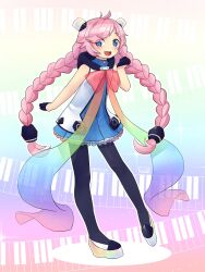 Rule 34 | 1girl, blue eyes, blush, bow, braid, commentary, commission, dated, dress, full body, gloves, hair ornament, highres, hood, hood down, hooded dress, long hair, open mouth, panda doodles, pantyhose, pink hair, rainbow gradient, rana (vocaloid), sleeveless, sleeveless dress, smile, solo, twin braids, very long hair, vocaloid