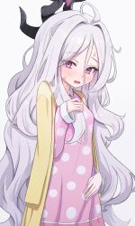 Rule 34 | 1girl, absurdres, alternate costume, blue archive, blush, breasts, demon horns, dress, grey hair, highres, hina (blue archive), hina (pajamas) (blue archive), horns, icetea774, long hair, looking at viewer, pajamas, pink pajamas, polka dot, polka dot dress, purple eyes, simple background, skirt, small breasts, solo, sweatdrop, upper body, very long hair, white background