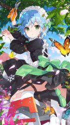 Rule 34 | 1girl, artist request, black dress, black footwear, blue hair, boots, bow, bug, butterfly, cornelia (girl cafe gun), dagger, day, dress, girl cafe gun, green bow, green eyes, hair ornament, highres, holding, insect, juliet sleeves, knife, leaf, long sleeves, looking at viewer, looking back, maid, maid headdress, official art, outdoors, petals, puffy sleeves, short hair, socks, solo, thigh strap, weapon, white socks