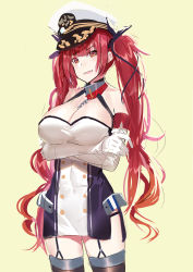 Rule 34 | 1girl, :d, azur lane, bare shoulders, black ribbon, blunt bangs, blush, breasts, brown thighhighs, buttons, cleavage, collar, cowboy shot, double-breasted, dress, echj, elbow gloves, garter straps, gloves, hair ribbon, hat, highres, honolulu (azur lane), large breasts, legs apart, long hair, open mouth, peaked cap, red eyes, red hair, ribbon, side slit, simple background, sketch, smile, solo, standing, thighhighs, twintails, very long hair, wavy mouth, white dress, white gloves, white hat, yellow background, zettai ryouiki