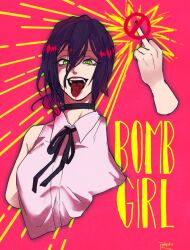Rule 34 | 1girl, artist name, black choker, black ribbon, chainsaw man, choker, disembodied hand, drgryu750, green eyes, hair between eyes, highres, looking at viewer, medium hair, middle finger, neck ribbon, open mouth, pink background, purple hair, reze (chainsaw man), ribbon, severed tongue, shirt, signature, simple background, sleeveless, sleeveless shirt, smile, solo, tongue, tongue out, white shirt