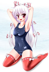 Rule 34 | 1girl, absurdres, armpits, arms up, bad id, bad pixiv id, blush, bow, cameltoe, artistic error, fang, female focus, fujiwara no mokou, hair bow, highres, kneeling, long hair, one-piece swimsuit, red eyes, red thighhighs, school swimsuit, shiny clothes, silver hair, skindentation, smile, solo, swimsuit, tera hiroshi, thighhighs, touhou, very long hair, wrong foot