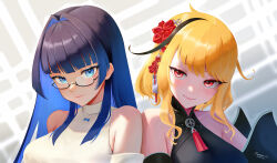 Rule 34 | 2girls, armpit crease, bare shoulders, black-framed eyewear, black hair, black kimono, black sleeves, blonde hair, blue eyes, blue hair, breasts, colored inner hair, dated, detached sleeves, dreamoon-q, flower, glasses, hair flower, hair intakes, hair ornament, highres, hololive, hololive english, hololive indonesia, japanese clothes, kaela kovalskia, kaela kovalskia (new year), kanzashi, kimono, large breasts, light blush, long hair, looking at viewer, multicolored hair, multiple girls, neck tassel, official alternate costume, official alternate hairstyle, ouro kronii, ouro kronii (casual), portrait, red eyes, red flower, semi-rimless eyewear, shirt, short hair, side-by-side, sidelocks, signature, sleeveless, sleeveless kimono, sleeveless shirt, smile, two-tone hair, under-rim eyewear, virtual youtuber, white shirt, white sleeves