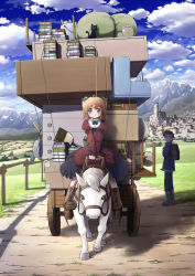 Rule 34 | 1boy, 1girl, bag, book, boots, bow, broom, brown eyes, brown hair, cart, cat, cityscape, dress, hair bow, hair ornament, hairclip, highres, horse, horseback riding, mochizuki saku, mouse (animal), original, riding, scenery, sitting, suitcase, twintails