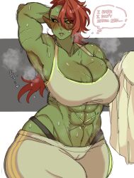 Rule 34 | 1girl, armpits, bad id, bad twitter id, black sclera, blush, breasts, cleavage, colored sclera, colored skin, english text, female orc, green skin, highres, huge breasts, muscular, muscular female, orc, original, pants, picco, pointy ears, red hair, scar, solo, sports bra, steaming body, sweat, sweatpants, thick thighs, thighs, tusks, yellow eyes