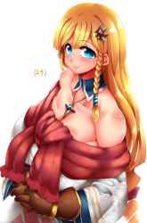 Rule 34 | 1girl, arc the lad, arc the lad ii, bare shoulders, blonde hair, blush, braid, breasts, closed mouth, collarbone, dress, gloves, highres, huge breasts, lieza (arc the lad), long hair, looking at viewer, low-tied long hair, simple background, single braid, smile, solo, tokyo (great akuta), very long hair, white background