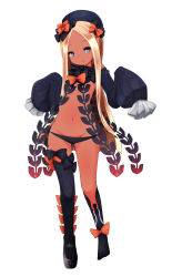 Rule 34 | 1girl, abigail williams (fate), abigail williams (second ascension) (fate), bare shoulders, bikini tan, black bow, black footwear, black panties, black socks, blonde hair, blue eyes, bow, closed mouth, detached sleeves, fate/grand order, fate (series), forehead, full body, groin, haruto (hirokazu1001), hat, hat bow, head tilt, highres, kneehighs, long hair, long sleeves, looking at viewer, mary janes, navel, no shoes, orange bow, panties, parted bangs, shoes, simple background, single kneehigh, single shoe, single sock, single thighhigh, sleeves past wrists, smile, socks, solo, standing, tan, tanline, thighhighs, underwear, very long hair, white background