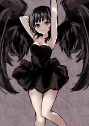 Rule 34 | 1girl, armpits, arms up, bad id, bad pixiv id, black hair, breasts, cleavage, dress, morina nao, original, parted lips, purple eyes, smile, solo, standing, wings