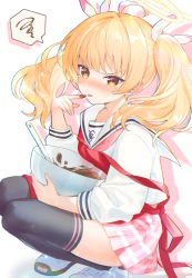 Rule 34 | 1girl, ahoge, apron, black thighhighs, blonde hair, blue archive, blush, bowl, chocolate, chromatic aberration, furrowed brow, hair ribbon, halo, hand up, holding, holding bowl, long hair, looking at viewer, mixing bowl, pink skirt, pleated skirt, red apron, ribbon, sailor collar, sakuro, shoes, skirt, sneakers, solo, spoken squiggle, squatting, squiggle, tearing up, thighhighs, tongue, tongue out, twintails, valentine, white footwear, white sailor collar, yellow eyes, yoshimi (blue archive)