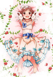 Rule 34 | 10s, 1girl, bare shoulders, barefoot, brown eyes, brown hair, dress, flower, gloves, hair ribbon, hairband, highres, idolmaster, idolmaster million live!, jewelry, koma tori, lying, necklace, nonohara akane, on back, open mouth, outstretched arms, plant, ribbon, rose, smile, solo, strapless, strapless dress, vines