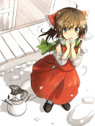Rule 34 | 1girl, ahoge, ascot, bow, brown eyes, brown hair, clothes lift, detached sleeves, female focus, footprints, grey eyes, hair bow, hair tubes, hakurei reimu, hat, hat ribbon, heavy breathing, long hair, looking at viewer, mashayuki, open door, open mouth, ribbon, scarf, shirt, skirt, skirt lift, skirt set, snow, snowman, solo, touhou, witch hat