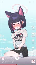 Rule 34 | 1girl, animal ears, black choker, black hair, blue archive, blush, cat ears, choker, clothes around waist, colored inner hair, doodle sensei (blue archive), earrings, halo, highres, jacket, jacket around waist, jewelry, kazusa (band) (blue archive), kazusa (blue archive), mask pull, multicolored hair, open mouth, pink hair, pink halo, pleated skirt, rla13753, sensei (blue archive), shirt, short hair, short sleeves, sitting, skirt, smile, solo, stud earrings, sweat, t-shirt, user interface, white shirt