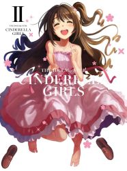 Rule 34 | 10s, 1girl, :d, album cover, barefoot, blush, cover, dress, feet, full body, highres, idolmaster, idolmaster cinderella girls, jewelry, loafers, looking at viewer, matsuo yuusuke, necklace, official art, open mouth, shimamura uzuki, shoes, side ponytail, simple background, smile, text focus, toes, v, wavy hair, white background