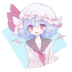 Rule 34 | 1girl, artist name, blue hair, blush, bright pupils, brooch, cropped torso, detached wings, dress, fang, hair between eyes, hat, hat ribbon, highres, jewelry, long sleeves, looking at viewer, m (m073111), mini wings, mob cap, neckerchief, parted lips, red eyes, red neckerchief, red ribbon, remilia scarlet, ribbon, short hair, simple background, skin fang, smile, solo, touhou, upper body, white background, white dress, white hat, wings
