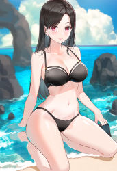 Rule 34 | 1girl, bare legs, beach, bikini, black bikini, black hair, blue sky, breasts, cleavage, closed mouth, cloud, collarbone, commentary, day, highres, horizon, kfr, large breasts, lips, long hair, looking at viewer, navel, ocean, original, outdoors, partially submerged, purple eyes, rock, sitting, sky, smile, solo, swept bangs, swimsuit, symbol-only commentary, thighs, wariza
