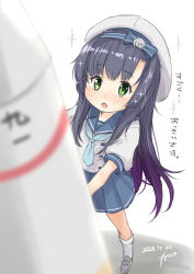 Rule 34 | 1girl, absurdres, alternate sleeve length, artist name, black hair, blue neckerchief, blue sailor collar, blue skirt, blurry, commentary request, dated, depth of field, fyuo, gloves, gradient hair, green eyes, hat, highres, kantai collection, kneehighs, loafers, long hair, matsuwa (kancolle), missile, multicolored hair, neckerchief, one-hour drawing challenge, phallic symbol, pink hair, pleated skirt, sailor collar, sailor hat, school uniform, serafuku, shoes, short sleeves, simple background, skirt, socks, solo, sparkle, translation request, white background, white gloves, white hat, white socks
