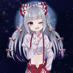 Rule 34 | 1girl, ;d, absurdres, black background, blunt bangs, bow, breasts, collared shirt, commentary request, crop top, fujiwara no mokou, grey hair, hair bow, hand in pocket, highres, index finger raised, juliet sleeves, long hair, long sleeves, looking at viewer, medium breasts, navel, one eye closed, open mouth, pants, puffy sleeves, red eyes, red pants, shirt, smile, solo, subaru (subachoco), suspenders, touhou, upper body, white bow