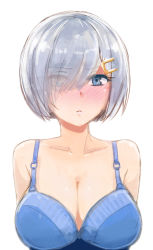 Rule 34 | 10s, 1girl, akairiot, bad id, bad tumblr id, blue bra, blue eyes, blush, bra, breasts, cleavage, eyes visible through hair, hair ornament, hair over one eye, hairclip, hamakaze (kancolle), kantai collection, large breasts, looking at viewer, short hair, silver hair, simple background, sketch, solo, underwear, underwear only, upper body, white background