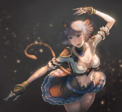 Rule 34 | 1girl, :d, animal ears, adventurer (ff11), belt, blue belt, blue eyes, blue flower, blue rose, bracelet, breasts, brown tail, cactus41747280, cat ears, cat girl, cat tail, cleavage, collarbone, dancer, dancer (final fantasy), facial mark, final fantasy, final fantasy xi, flamenco, flower, frilled skirt, frills, grey hair, highres, jewelry, medium breasts, midriff, mithra (ff11), no eyebrows, open mouth, ring, rose, shirt, short hair, skirt, smile, solo, tail, whisker markings, white shirt