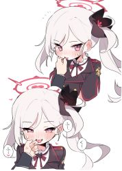 Rule 34 | 1girl, absurdres, anger vein, black ribbon, blue archive, hair ribbon, halo, highres, looking at viewer, mg pong, mutsuki (blue archive), pink eyes, ribbon, side ponytail, simple background, smile, solo focus, speech bubble, tongue, tongue out, translated, upper body, white background, white hair