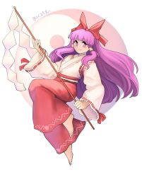 Rule 34 | 1girl, artist name, barefoot, commentary, english commentary, floating, hair tubes, hakurei reimu, highres, japanese clothes, long hair, looking to the side, miko, ocatg, purple eyes, purple hair, solo, touhou, touhou (pc-98), yin yang