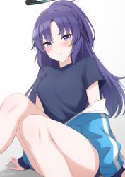 Rule 34 | 1girl, alternate hairstyle, black shirt, blue archive, blue eyes, blue jacket, blush, closed mouth, halo, highres, jacket, long hair, long sleeves, looking at viewer, official alternate costume, panna444, purple hair, shirt, short sleeves, simple background, sitting, solo, sportswear, t-shirt, white background, yuuka (blue archive), yuuka (track) (blue archive)