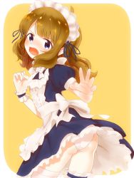 Rule 34 | 1girl, apron, blue eyes, bridal garter, brown hair, commentary request, frilled apron, frills, hair ribbon, highres, idolmaster, idolmaster million live!, looking at viewer, looking back, maid, maid apron, maid day, maid headdress, medium hair, open mouth, pachi orca, panties, puffy short sleeves, puffy sleeves, ribbon, short sleeves, solo, suou momoko, thigh strap, thighhighs, underwear, white apron, white panties, white thighhighs, wrist cuffs, yellow background