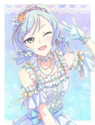 Rule 34 | 1girl, ;d, bang dream!, bare shoulders, blue hair, blush, center frills, collarbone, dress, e20, flower, frilled dress, frills, gloves, hair flower, hair ornament, hand up, highres, hikawa hina, jewelry, looking at viewer, low twintails, necklace, one eye closed, open mouth, outside border, pearl necklace, rose, short twintails, sleeveless, sleeveless dress, smile, solo, swept bangs, tiara, twintails, white dress, white gloves, yellow flower, yellow rose