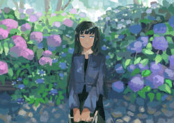 Rule 34 | 1girl, absurdres, black dress, black hair, blue eyes, closed mouth, commentary, day, dress, flower, highres, hydrangea, jewelry, katakai, long hair, long sleeves, necklace, original, outdoors, pink flower, purple flower, solo, upper body