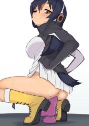 Rule 34 | 1girl, bird tail, black hair, black sweater, blonde hair, boots, breasts, brown eyes, dildo, dildo riding, female masturbation, gentoo penguin (kemono friends), illu (illu stratos), kemono friends, long hair, long sleeves, masturbation, medium breasts, multicolored hair, no panties, object insertion, one eye closed, sex toy, skirt, smile, solo, squatting, streaked hair, sweat, sweater, tail, thighs, two-tone sweater, uncensored, vaginal, vaginal object insertion, white hair, white skirt, white sweater, yellow footwear