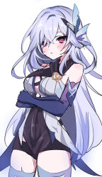 Rule 34 | 1girl, absurdres, back fin, bare shoulders, blush, breasts, butterfly hair ornament, commentary request, cowboy shot, elbow gloves, genshin impact, gloves, gradient gloves, gradient legwear, grey hair, hair ornament, highres, long hair, looking at viewer, medium breasts, momoichi, parted lips, pink eyes, simple background, skirk (genshin impact), solo, very long hair