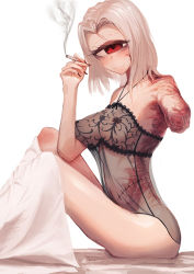 Rule 34 | 1girl, amputee, breasts, burn scar, chemise, cigarette, cyclops, gino (gino h), large breasts, lingerie, looking at viewer, one-eyed, original, red eyes, scar, short hair, simple background, sitting, smile, smoking, solo, underwear, white background, white hair