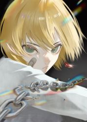 Rule 34 | 1boy, alternate eye color, androgynous, blonde hair, broken, broken chain, chain, feitian5575, green eyes, highres, hunter x hunter, kurapika, light particles, looking at viewer, male focus, official alternate costume, serious, simple background, solo, upper body