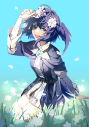 Rule 34 | 1girl, :d, ahoge, arm up, bird girl, bird tail, bird wings, blue capelet, blue eyes, blue gemstone, blue hair, blue sky, brooch, capelet, chinese commentary, clear sky, collared dress, commentary request, day, dress, eyes visible through hair, falling petals, feathered wings, final fantasy, final fantasy xiv, floating hair, flower, from side, full body, gem, grass, hair flower, hair ornament, happy, head wings, highres, holding, holding flower, jewelry, looking at viewer, meteion, on grass, open mouth, outdoors, petals, sakashima3, seiza, short hair, sitting, sky, smile, solo, tail, tassel, white dress, white flower, wings
